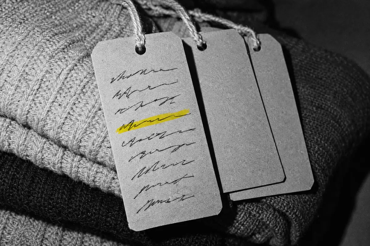 Kledinglabels op gevouwen kleding, één label vol handgeschreven productgegevens met een gele markering.