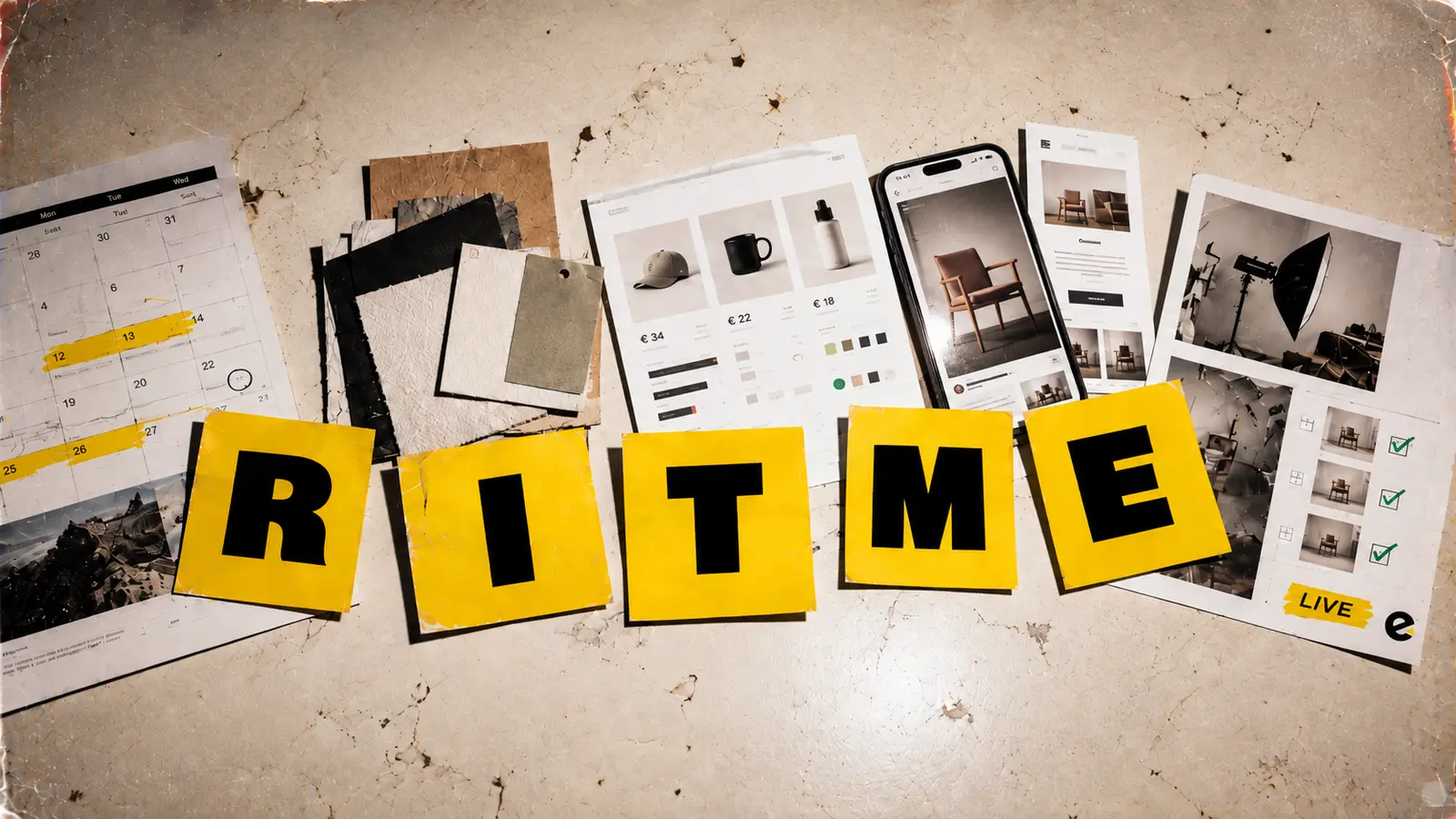 De letters RITME op gele kaarten, tussen een planning, productmock-ups en een checklist