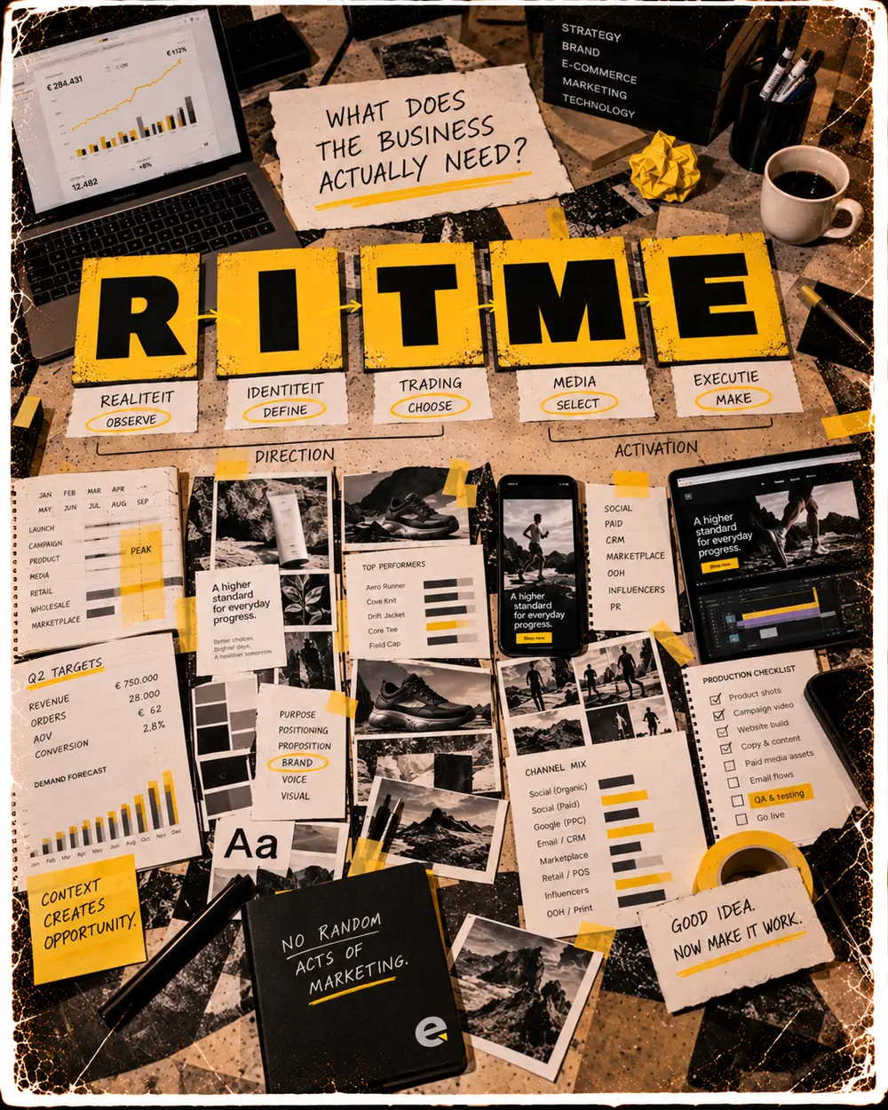 De vijf RITME-dimensies uitgelegd op een werktafel: Realiteit, Identiteit, Trading, Media en Executie, verdeeld over richting en activatie
